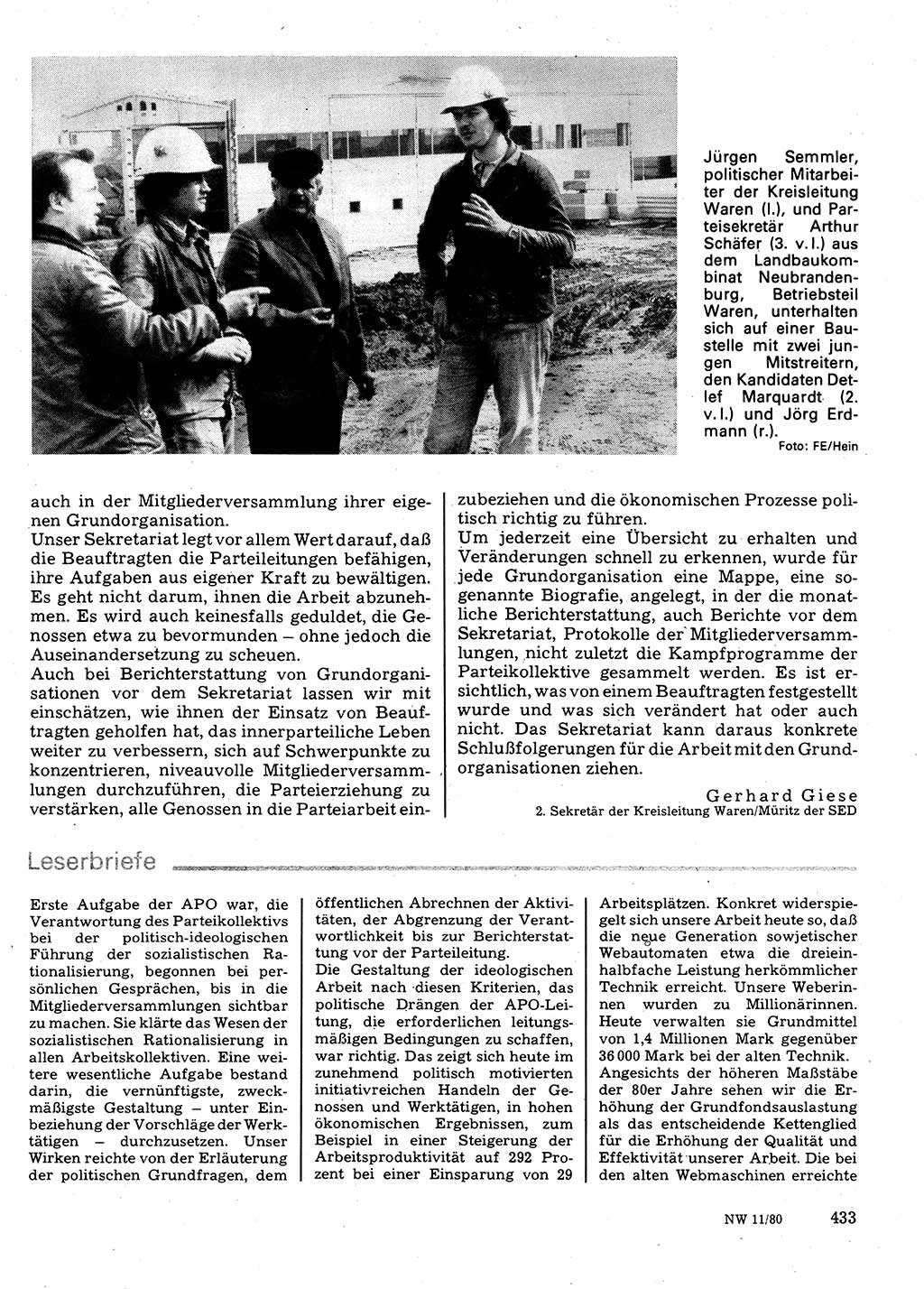 Neuer Weg (NW), Organ des Zentralkomitees (ZK) der SED (Sozialistische Einheitspartei Deutschlands) für Fragen des Parteilebens, 35. Jahrgang [Deutsche Demokratische Republik (DDR)] 1980, Seite 433 (NW ZK SED DDR 1980, S. 433)
