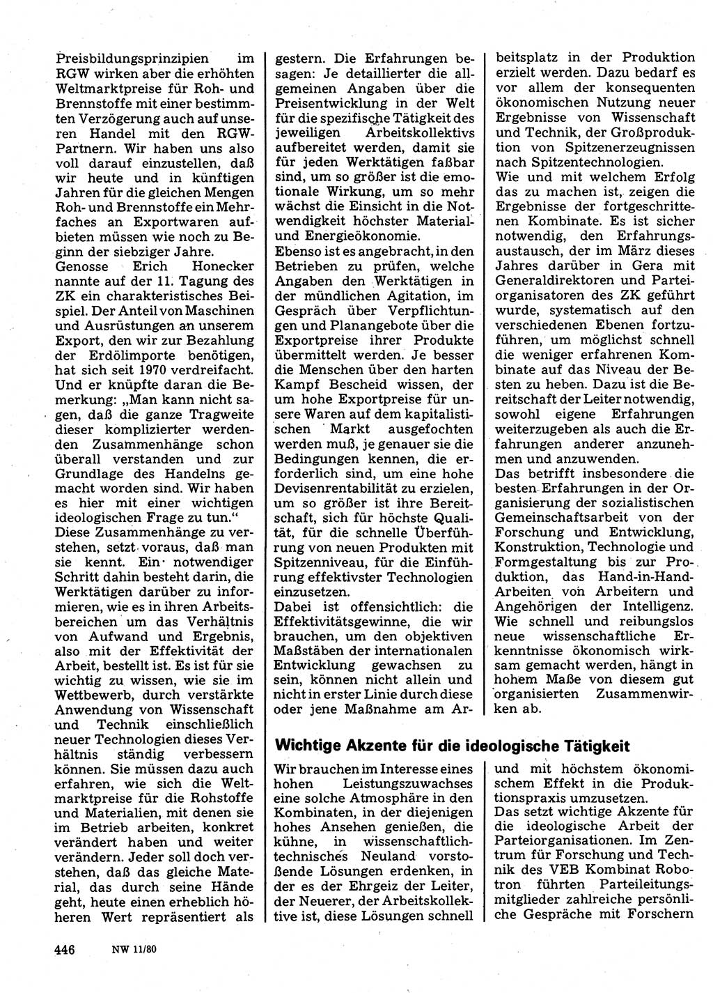 Neuer Weg (NW), Organ des Zentralkomitees (ZK) der SED (Sozialistische Einheitspartei Deutschlands) für Fragen des Parteilebens, 35. Jahrgang [Deutsche Demokratische Republik (DDR)] 1980, Seite 446 (NW ZK SED DDR 1980, S. 446)