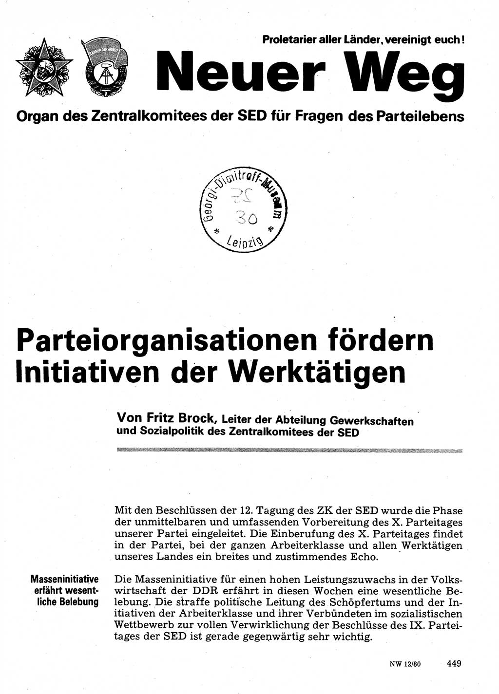 Neuer Weg (NW), Organ des Zentralkomitees (ZK) der SED (Sozialistische Einheitspartei Deutschlands) für Fragen des Parteilebens, 35. Jahrgang [Deutsche Demokratische Republik (DDR)] 1980, Seite 449 (NW ZK SED DDR 1980, S. 449)