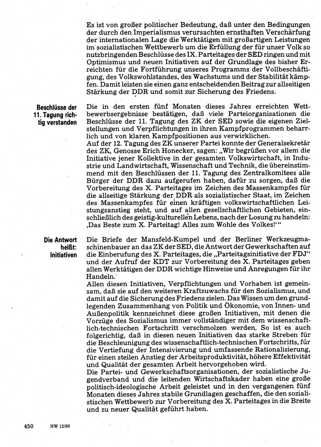 Neuer Weg (NW), Organ des Zentralkomitees (ZK) der SED (Sozialistische Einheitspartei Deutschlands) für Fragen des Parteilebens, 35. Jahrgang [Deutsche Demokratische Republik (DDR)] 1980, Seite 450 (NW ZK SED DDR 1980, S. 450)