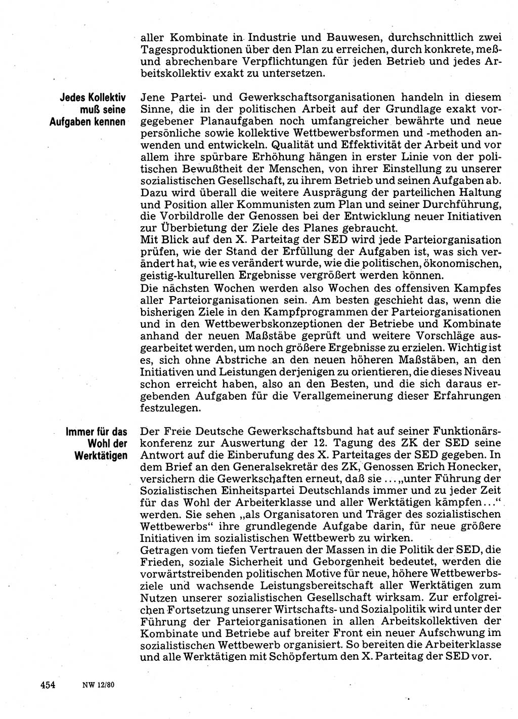 Neuer Weg (NW), Organ des Zentralkomitees (ZK) der SED (Sozialistische Einheitspartei Deutschlands) für Fragen des Parteilebens, 35. Jahrgang [Deutsche Demokratische Republik (DDR)] 1980, Seite 454 (NW ZK SED DDR 1980, S. 454)