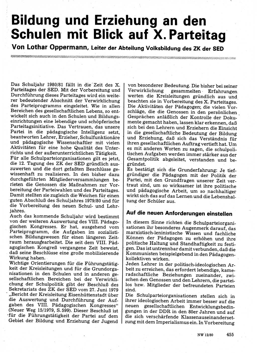 Neuer Weg (NW), Organ des Zentralkomitees (ZK) der SED (Sozialistische Einheitspartei Deutschlands) für Fragen des Parteilebens, 35. Jahrgang [Deutsche Demokratische Republik (DDR)] 1980, Seite 455 (NW ZK SED DDR 1980, S. 455)
