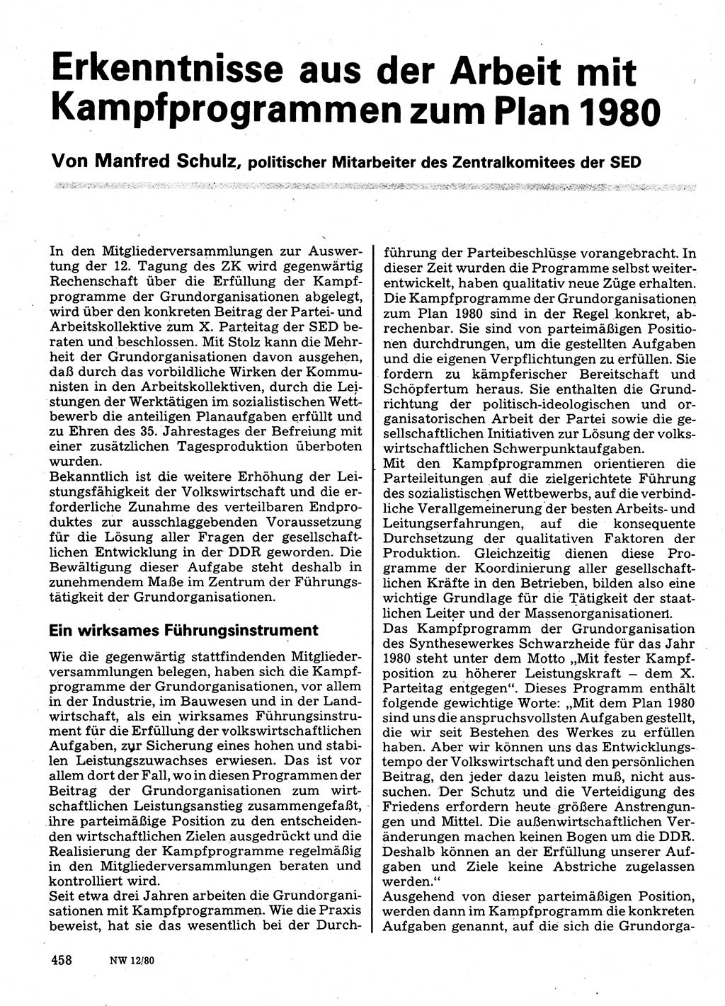 Neuer Weg (NW), Organ des Zentralkomitees (ZK) der SED (Sozialistische Einheitspartei Deutschlands) für Fragen des Parteilebens, 35. Jahrgang [Deutsche Demokratische Republik (DDR)] 1980, Seite 458 (NW ZK SED DDR 1980, S. 458)