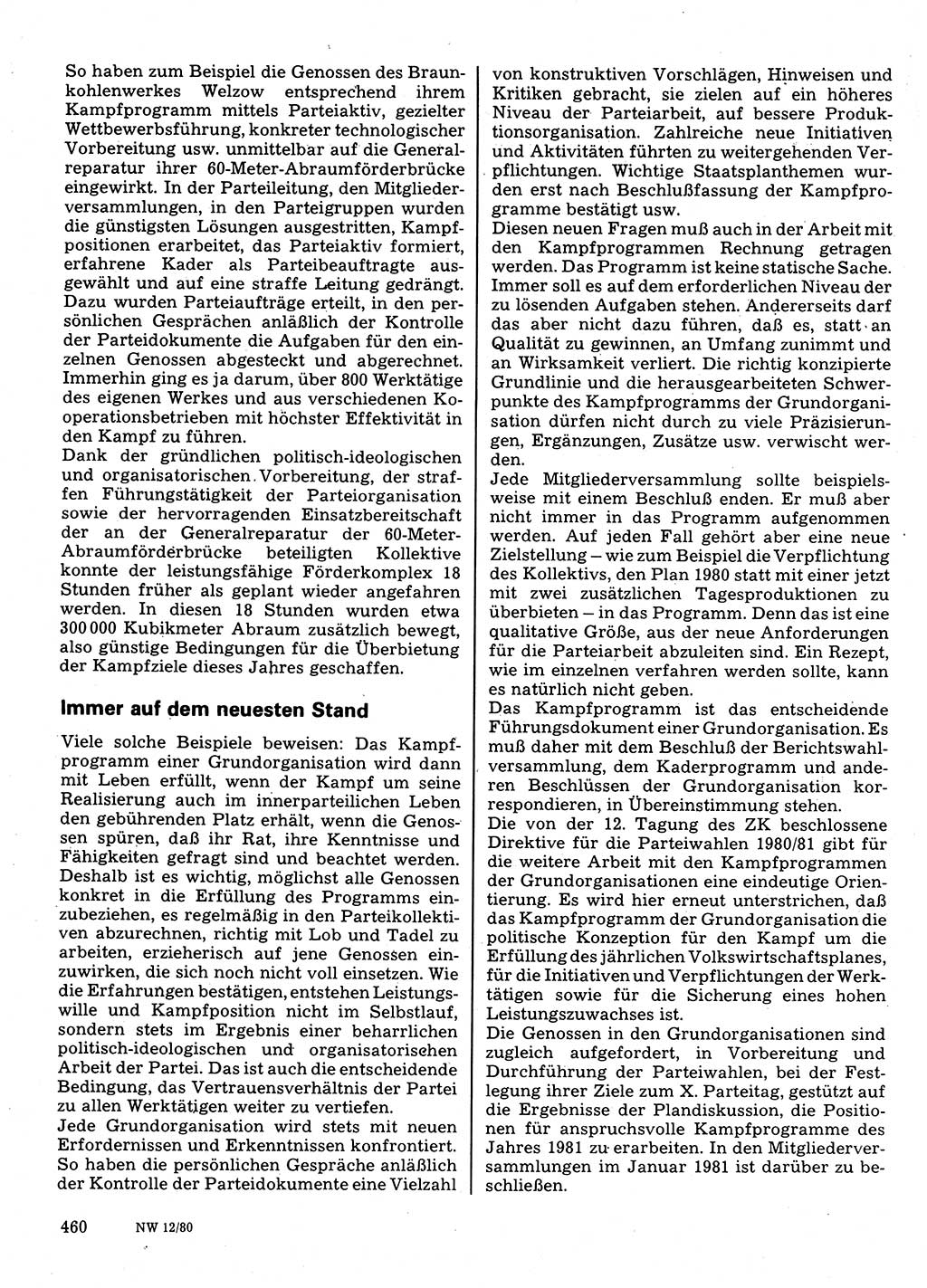 Neuer Weg (NW), Organ des Zentralkomitees (ZK) der SED (Sozialistische Einheitspartei Deutschlands) für Fragen des Parteilebens, 35. Jahrgang [Deutsche Demokratische Republik (DDR)] 1980, Seite 460 (NW ZK SED DDR 1980, S. 460)