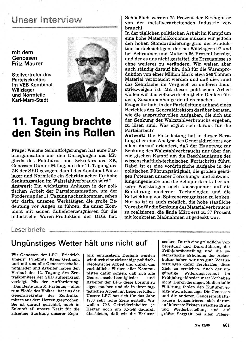 Neuer Weg (NW), Organ des Zentralkomitees (ZK) der SED (Sozialistische Einheitspartei Deutschlands) für Fragen des Parteilebens, 35. Jahrgang [Deutsche Demokratische Republik (DDR)] 1980, Seite 461 (NW ZK SED DDR 1980, S. 461)