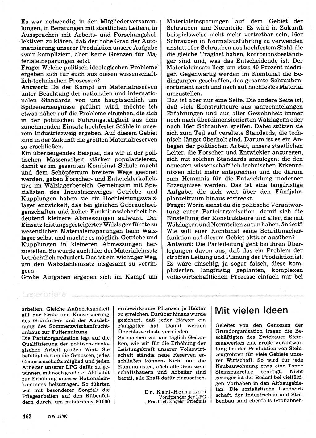 Neuer Weg (NW), Organ des Zentralkomitees (ZK) der SED (Sozialistische Einheitspartei Deutschlands) für Fragen des Parteilebens, 35. Jahrgang [Deutsche Demokratische Republik (DDR)] 1980, Seite 462 (NW ZK SED DDR 1980, S. 462)