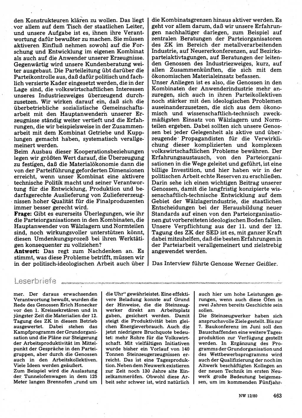 Neuer Weg (NW), Organ des Zentralkomitees (ZK) der SED (Sozialistische Einheitspartei Deutschlands) für Fragen des Parteilebens, 35. Jahrgang [Deutsche Demokratische Republik (DDR)] 1980, Seite 463 (NW ZK SED DDR 1980, S. 463)