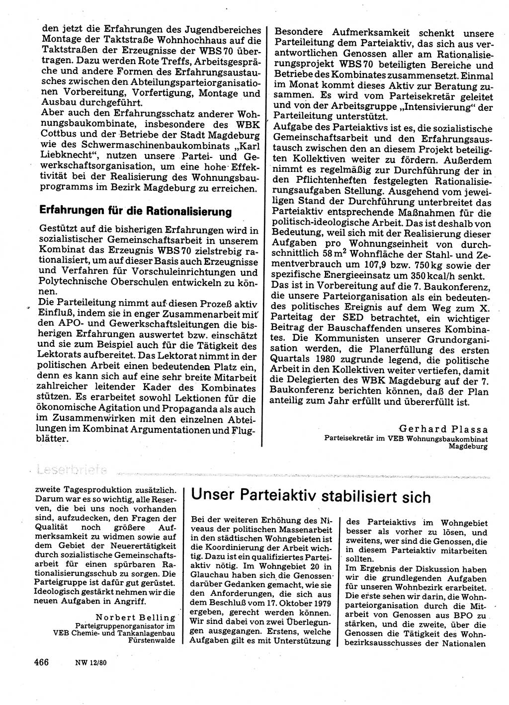 Neuer Weg (NW), Organ des Zentralkomitees (ZK) der SED (Sozialistische Einheitspartei Deutschlands) für Fragen des Parteilebens, 35. Jahrgang [Deutsche Demokratische Republik (DDR)] 1980, Seite 466 (NW ZK SED DDR 1980, S. 466)