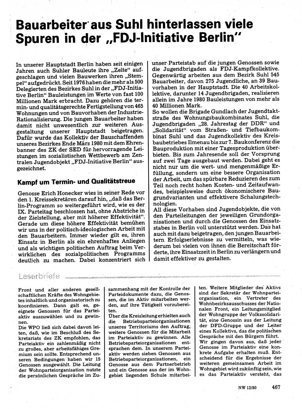 Neuer Weg (NW), Organ des Zentralkomitees (ZK) der SED (Sozialistische Einheitspartei Deutschlands) für Fragen des Parteilebens, 35. Jahrgang [Deutsche Demokratische Republik (DDR)] 1980, Seite 467 (NW ZK SED DDR 1980, S. 467)