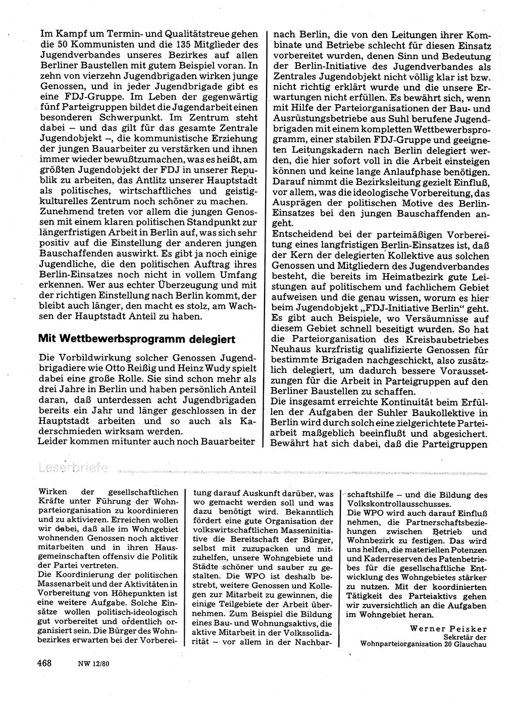 Neuer Weg (NW), Organ des Zentralkomitees (ZK) der SED (Sozialistische Einheitspartei Deutschlands) für Fragen des Parteilebens, 35. Jahrgang [Deutsche Demokratische Republik (DDR)] 1980, Seite 468 (NW ZK SED DDR 1980, S. 468)