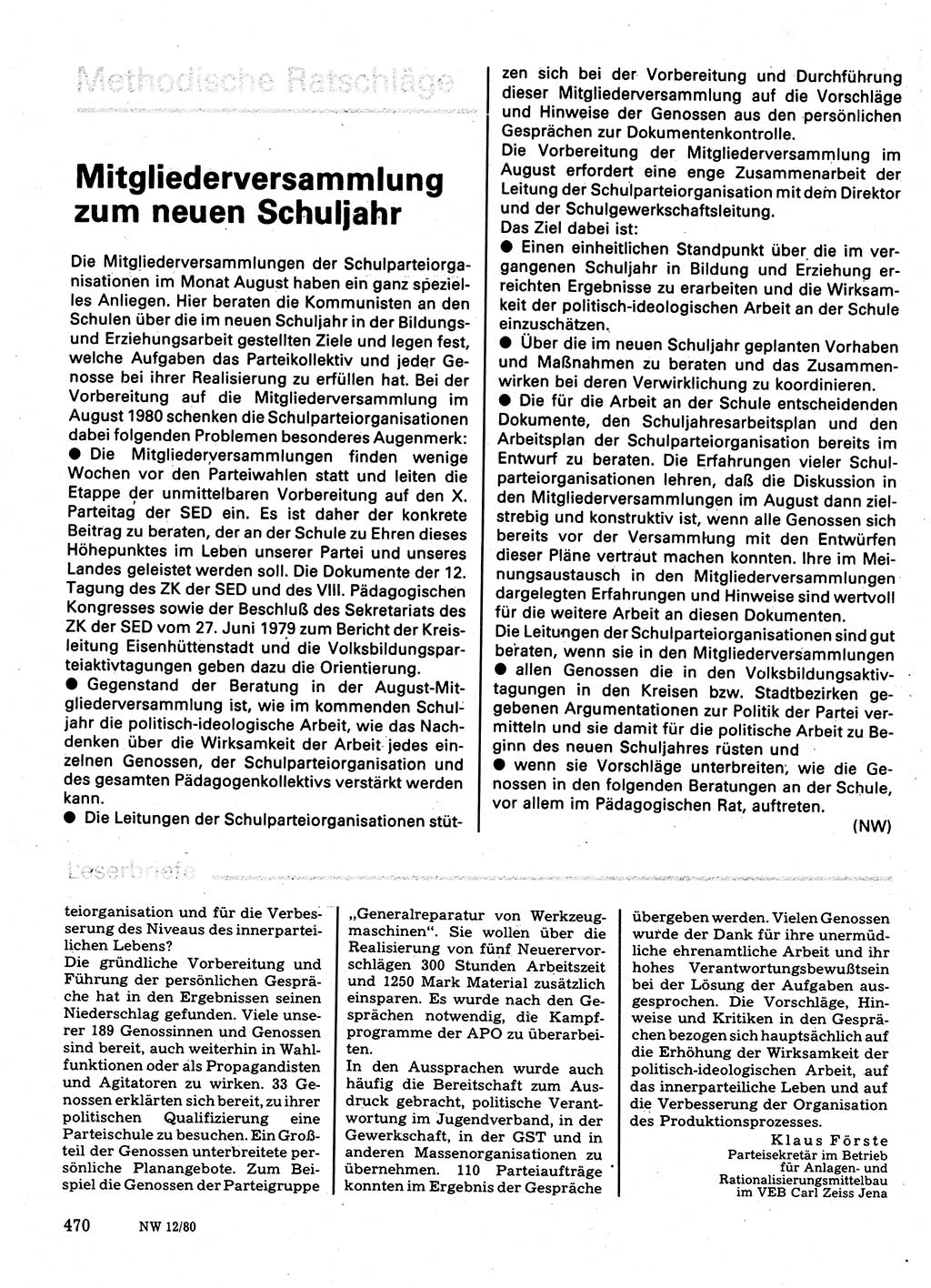 Neuer Weg (NW), Organ des Zentralkomitees (ZK) der SED (Sozialistische Einheitspartei Deutschlands) für Fragen des Parteilebens, 35. Jahrgang [Deutsche Demokratische Republik (DDR)] 1980, Seite 470 (NW ZK SED DDR 1980, S. 470)