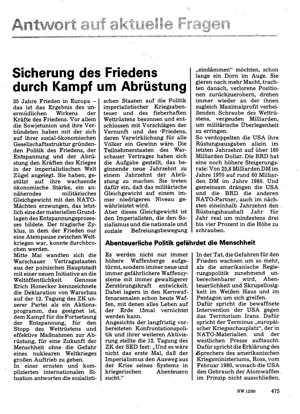 Neuer Weg (NW), Organ des Zentralkomitees (ZK) der SED (Sozialistische Einheitspartei Deutschlands) für Fragen des Parteilebens, 35. Jahrgang [Deutsche Demokratische Republik (DDR)] 1980, Seite 475 (NW ZK SED DDR 1980, S. 475)