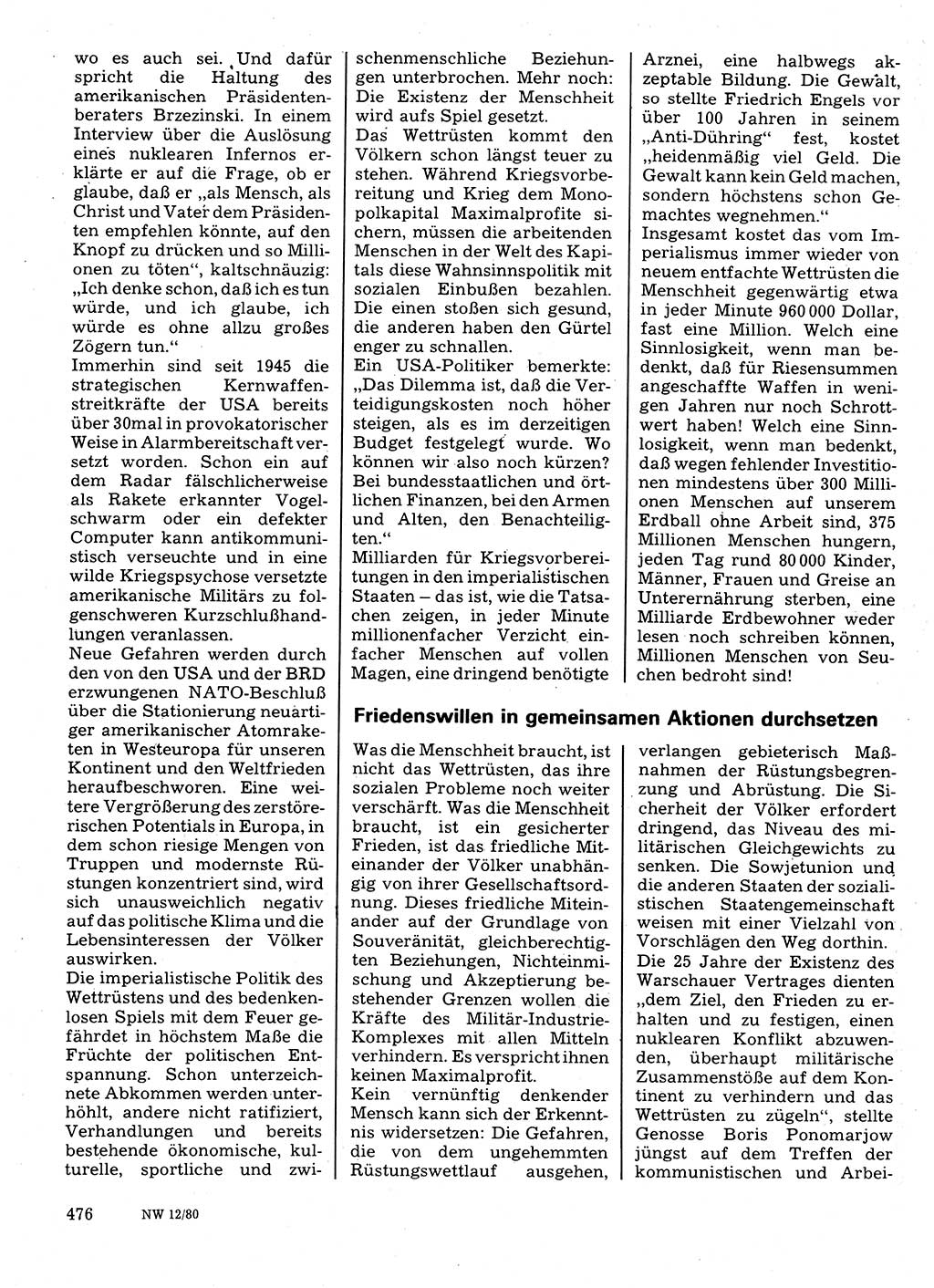 Neuer Weg (NW), Organ des Zentralkomitees (ZK) der SED (Sozialistische Einheitspartei Deutschlands) für Fragen des Parteilebens, 35. Jahrgang [Deutsche Demokratische Republik (DDR)] 1980, Seite 476 (NW ZK SED DDR 1980, S. 476)