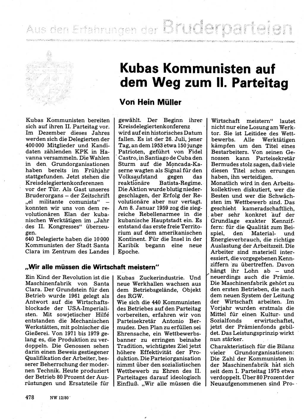 Neuer Weg (NW), Organ des Zentralkomitees (ZK) der SED (Sozialistische Einheitspartei Deutschlands) für Fragen des Parteilebens, 35. Jahrgang [Deutsche Demokratische Republik (DDR)] 1980, Seite 478 (NW ZK SED DDR 1980, S. 478)