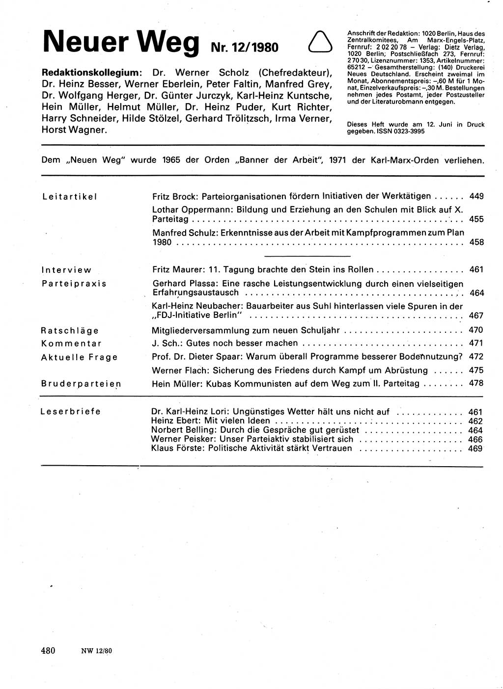 Neuer Weg (NW), Organ des Zentralkomitees (ZK) der SED (Sozialistische Einheitspartei Deutschlands) für Fragen des Parteilebens, 35. Jahrgang [Deutsche Demokratische Republik (DDR)] 1980, Seite 480 (NW ZK SED DDR 1980, S. 480)