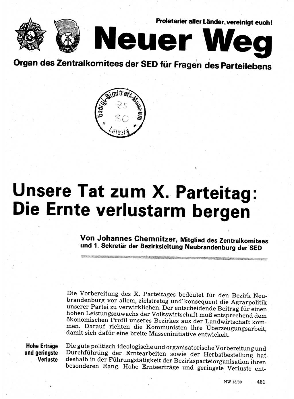 Neuer Weg (NW), Organ des Zentralkomitees (ZK) der SED (Sozialistische Einheitspartei Deutschlands) für Fragen des Parteilebens, 35. Jahrgang [Deutsche Demokratische Republik (DDR)] 1980, Seite 481 (NW ZK SED DDR 1980, S. 481)