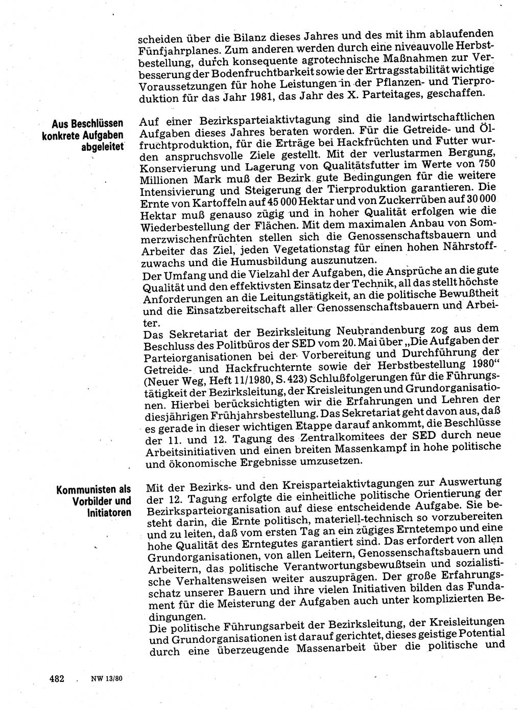 Neuer Weg (NW), Organ des Zentralkomitees (ZK) der SED (Sozialistische Einheitspartei Deutschlands) für Fragen des Parteilebens, 35. Jahrgang [Deutsche Demokratische Republik (DDR)] 1980, Seite 482 (NW ZK SED DDR 1980, S. 482)