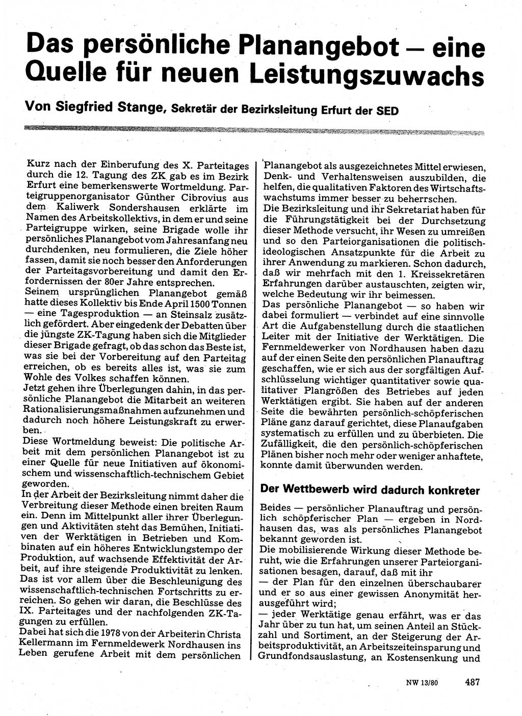 Neuer Weg (NW), Organ des Zentralkomitees (ZK) der SED (Sozialistische Einheitspartei Deutschlands) für Fragen des Parteilebens, 35. Jahrgang [Deutsche Demokratische Republik (DDR)] 1980, Seite 487 (NW ZK SED DDR 1980, S. 487)