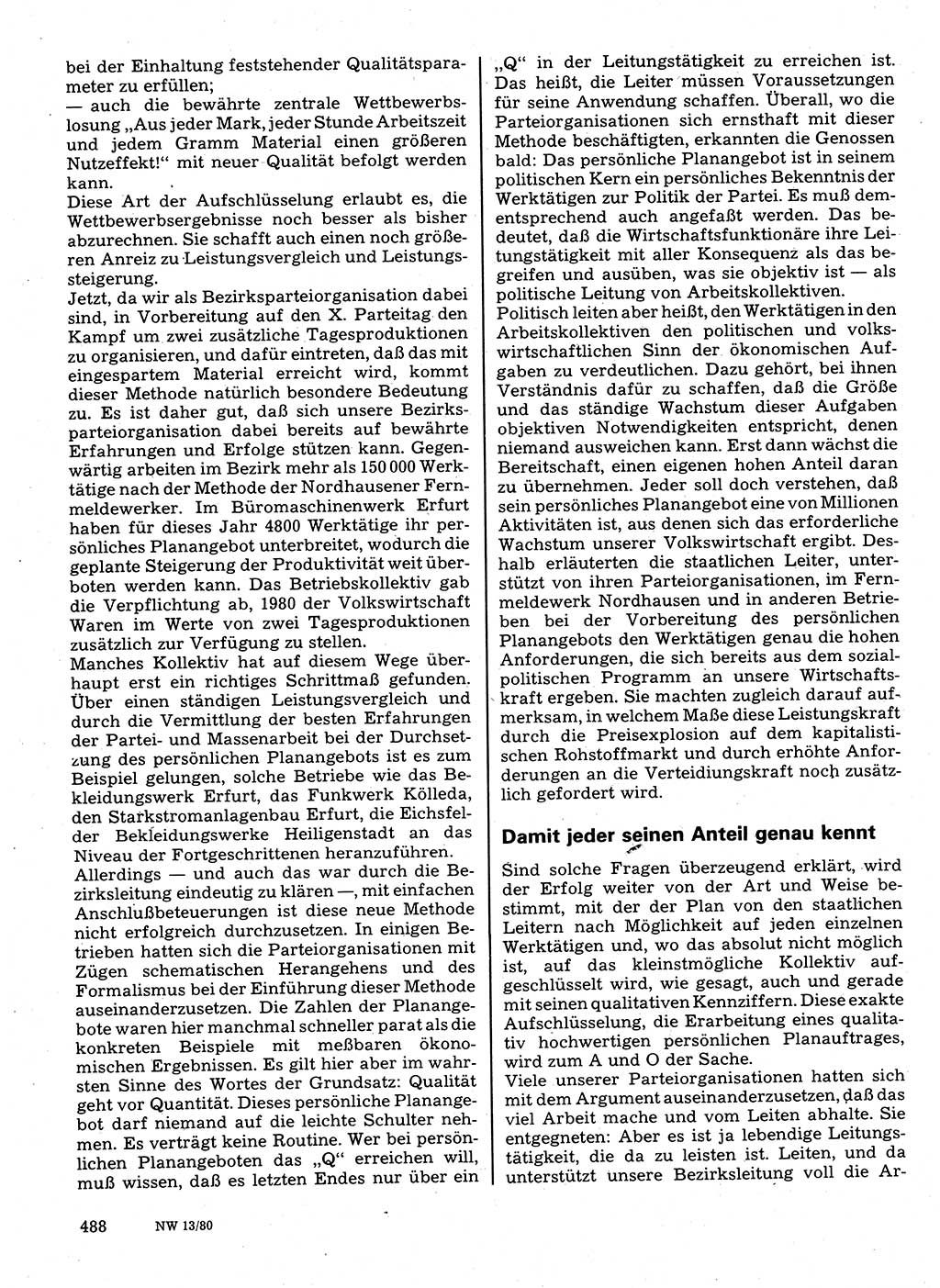 Neuer Weg (NW), Organ des Zentralkomitees (ZK) der SED (Sozialistische Einheitspartei Deutschlands) für Fragen des Parteilebens, 35. Jahrgang [Deutsche Demokratische Republik (DDR)] 1980, Seite 488 (NW ZK SED DDR 1980, S. 488)