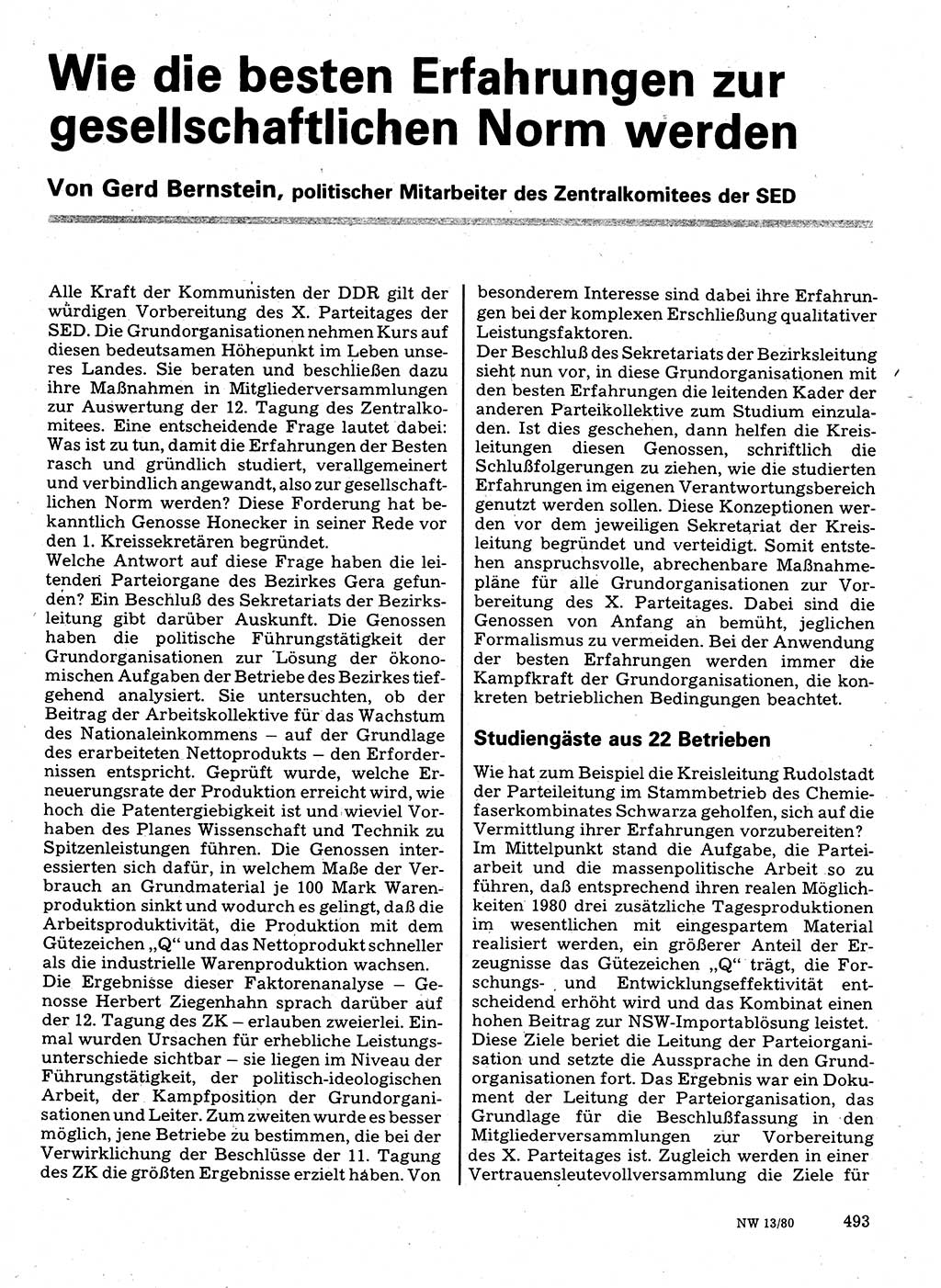 Neuer Weg (NW), Organ des Zentralkomitees (ZK) der SED (Sozialistische Einheitspartei Deutschlands) für Fragen des Parteilebens, 35. Jahrgang [Deutsche Demokratische Republik (DDR)] 1980, Seite 493 (NW ZK SED DDR 1980, S. 493)