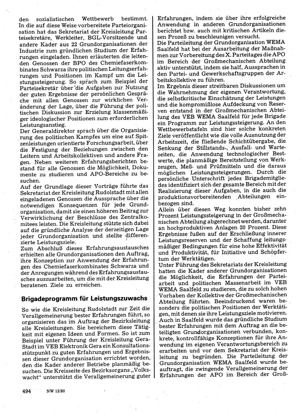 Neuer Weg (NW), Organ des Zentralkomitees (ZK) der SED (Sozialistische Einheitspartei Deutschlands) für Fragen des Parteilebens, 35. Jahrgang [Deutsche Demokratische Republik (DDR)] 1980, Seite 494 (NW ZK SED DDR 1980, S. 494)