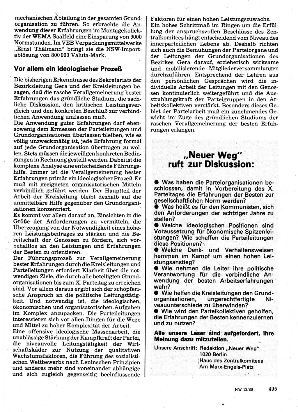 Neuer Weg (NW), Organ des Zentralkomitees (ZK) der SED (Sozialistische Einheitspartei Deutschlands) für Fragen des Parteilebens, 35. Jahrgang [Deutsche Demokratische Republik (DDR)] 1980, Seite 495 (NW ZK SED DDR 1980, S. 495)