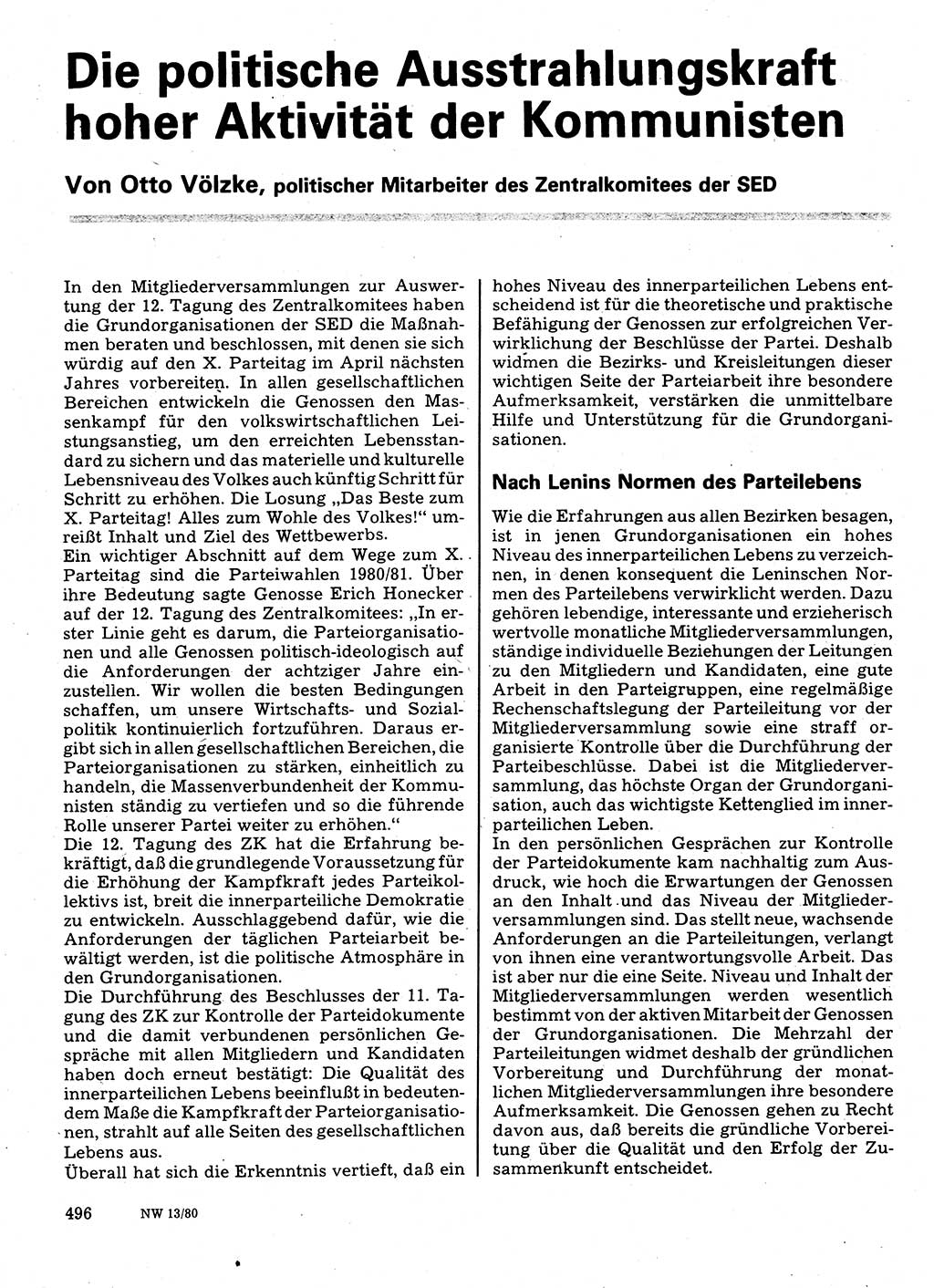 Neuer Weg (NW), Organ des Zentralkomitees (ZK) der SED (Sozialistische Einheitspartei Deutschlands) für Fragen des Parteilebens, 35. Jahrgang [Deutsche Demokratische Republik (DDR)] 1980, Seite 496 (NW ZK SED DDR 1980, S. 496)
