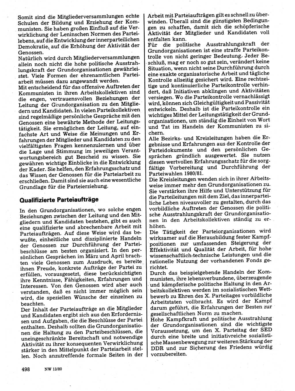 Neuer Weg (NW), Organ des Zentralkomitees (ZK) der SED (Sozialistische Einheitspartei Deutschlands) für Fragen des Parteilebens, 35. Jahrgang [Deutsche Demokratische Republik (DDR)] 1980, Seite 498 (NW ZK SED DDR 1980, S. 498)