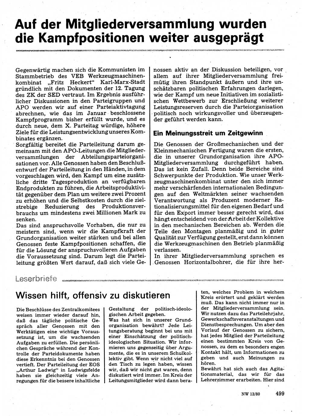 Neuer Weg (NW), Organ des Zentralkomitees (ZK) der SED (Sozialistische Einheitspartei Deutschlands) für Fragen des Parteilebens, 35. Jahrgang [Deutsche Demokratische Republik (DDR)] 1980, Seite 499 (NW ZK SED DDR 1980, S. 499)