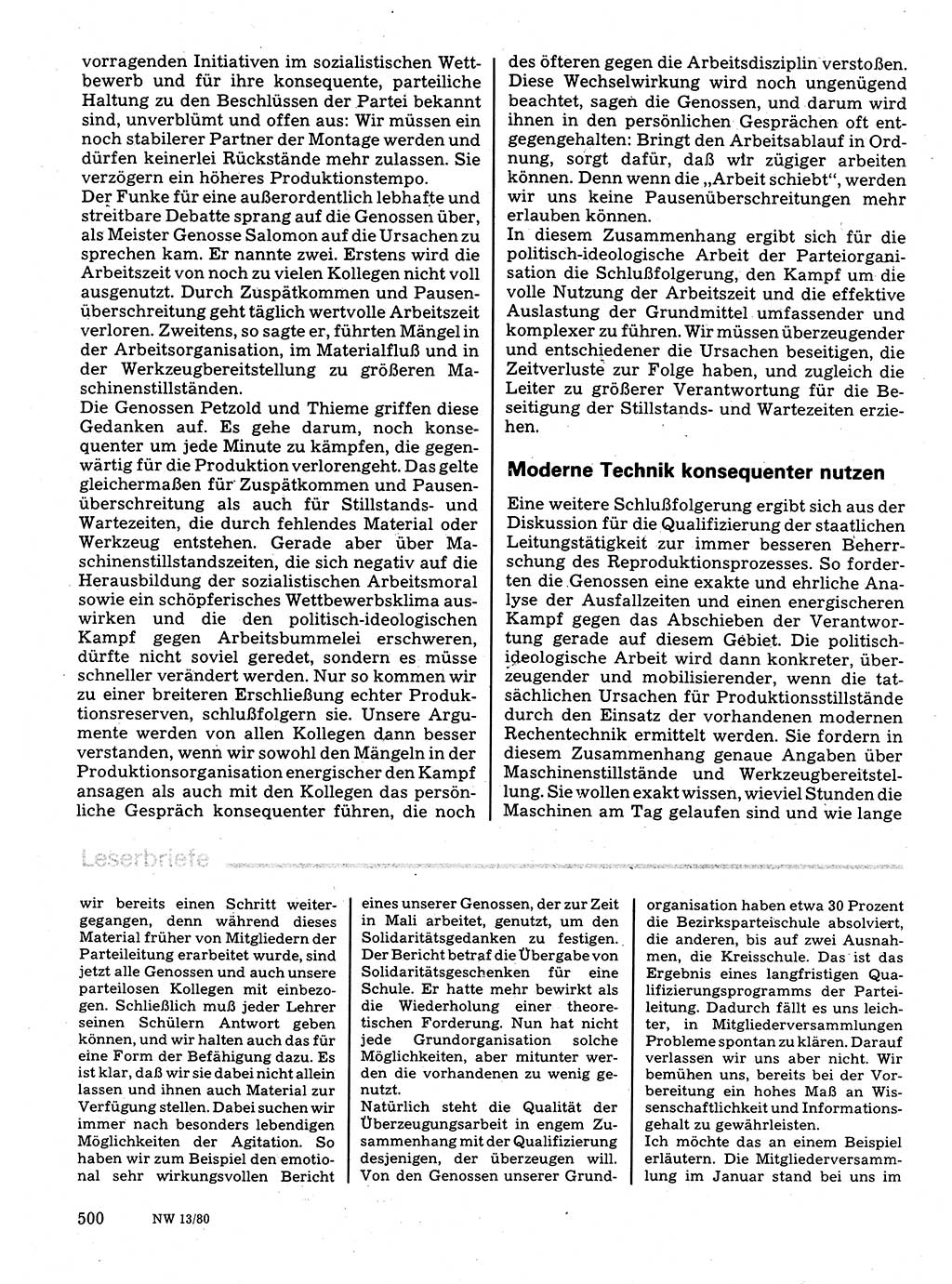 Neuer Weg (NW), Organ des Zentralkomitees (ZK) der SED (Sozialistische Einheitspartei Deutschlands) für Fragen des Parteilebens, 35. Jahrgang [Deutsche Demokratische Republik (DDR)] 1980, Seite 500 (NW ZK SED DDR 1980, S. 500)