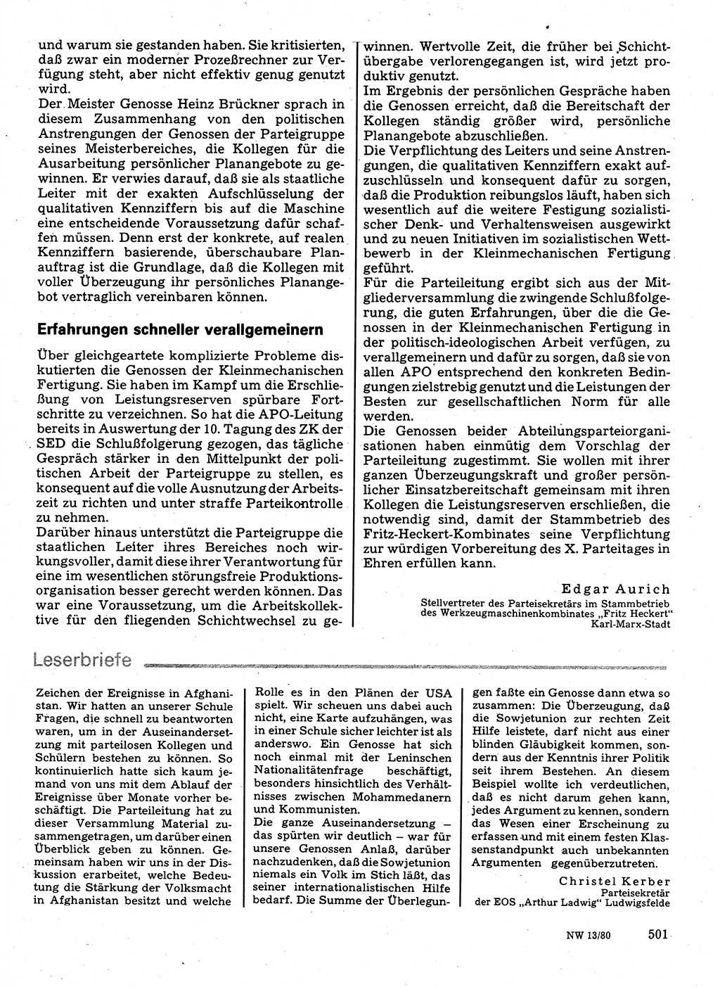 Neuer Weg (NW), Organ des Zentralkomitees (ZK) der SED (Sozialistische Einheitspartei Deutschlands) für Fragen des Parteilebens, 35. Jahrgang [Deutsche Demokratische Republik (DDR)] 1980, Seite 501 (NW ZK SED DDR 1980, S. 501)