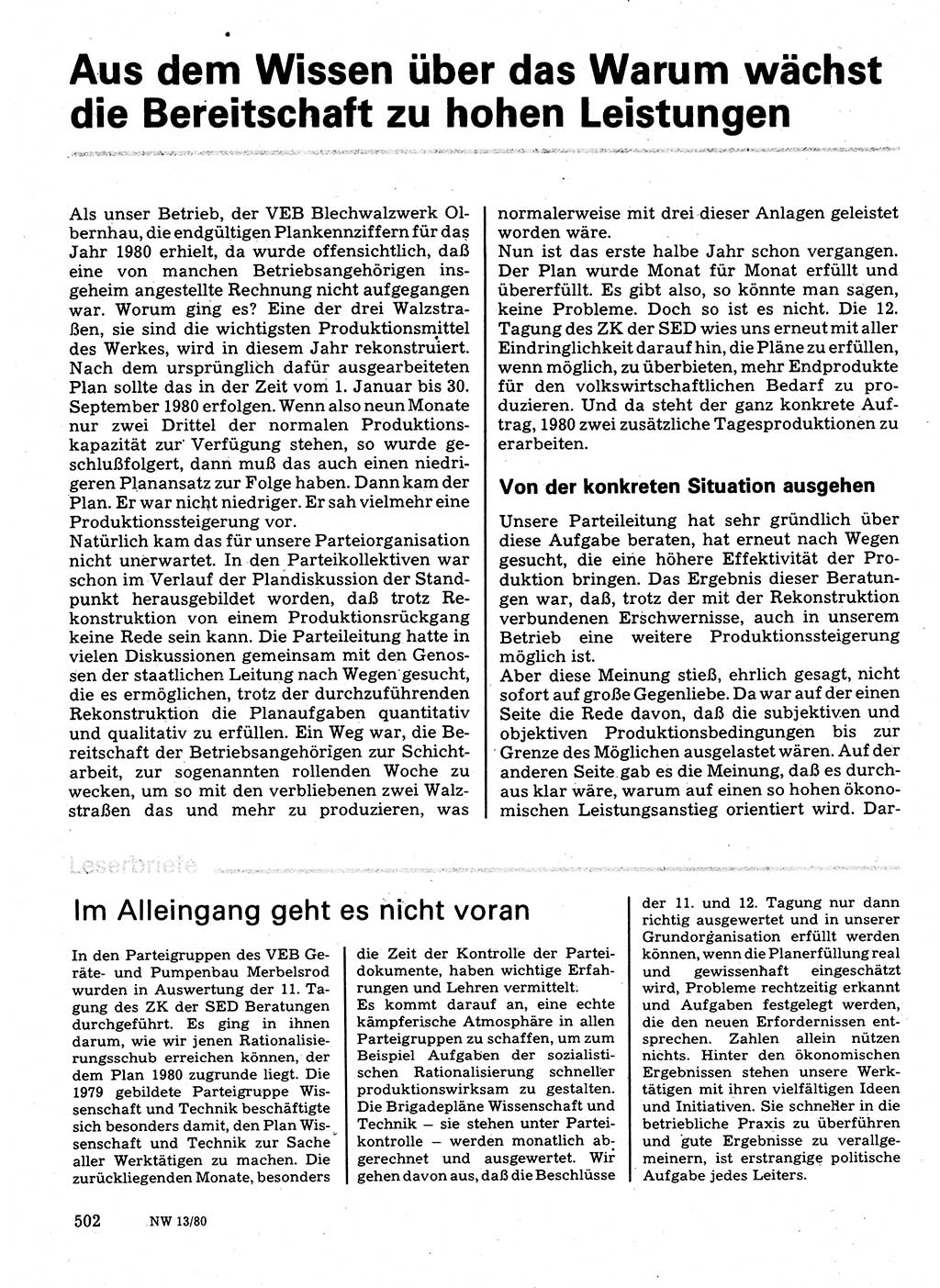 Neuer Weg (NW), Organ des Zentralkomitees (ZK) der SED (Sozialistische Einheitspartei Deutschlands) für Fragen des Parteilebens, 35. Jahrgang [Deutsche Demokratische Republik (DDR)] 1980, Seite 502 (NW ZK SED DDR 1980, S. 502)