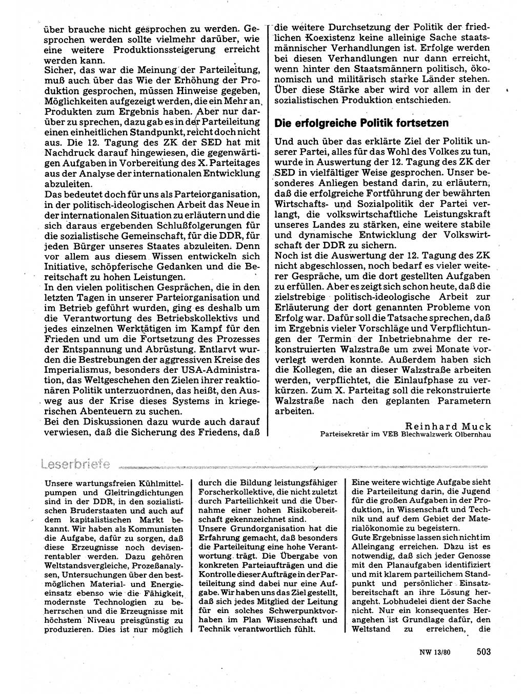 Neuer Weg (NW), Organ des Zentralkomitees (ZK) der SED (Sozialistische Einheitspartei Deutschlands) für Fragen des Parteilebens, 35. Jahrgang [Deutsche Demokratische Republik (DDR)] 1980, Seite 503 (NW ZK SED DDR 1980, S. 503)