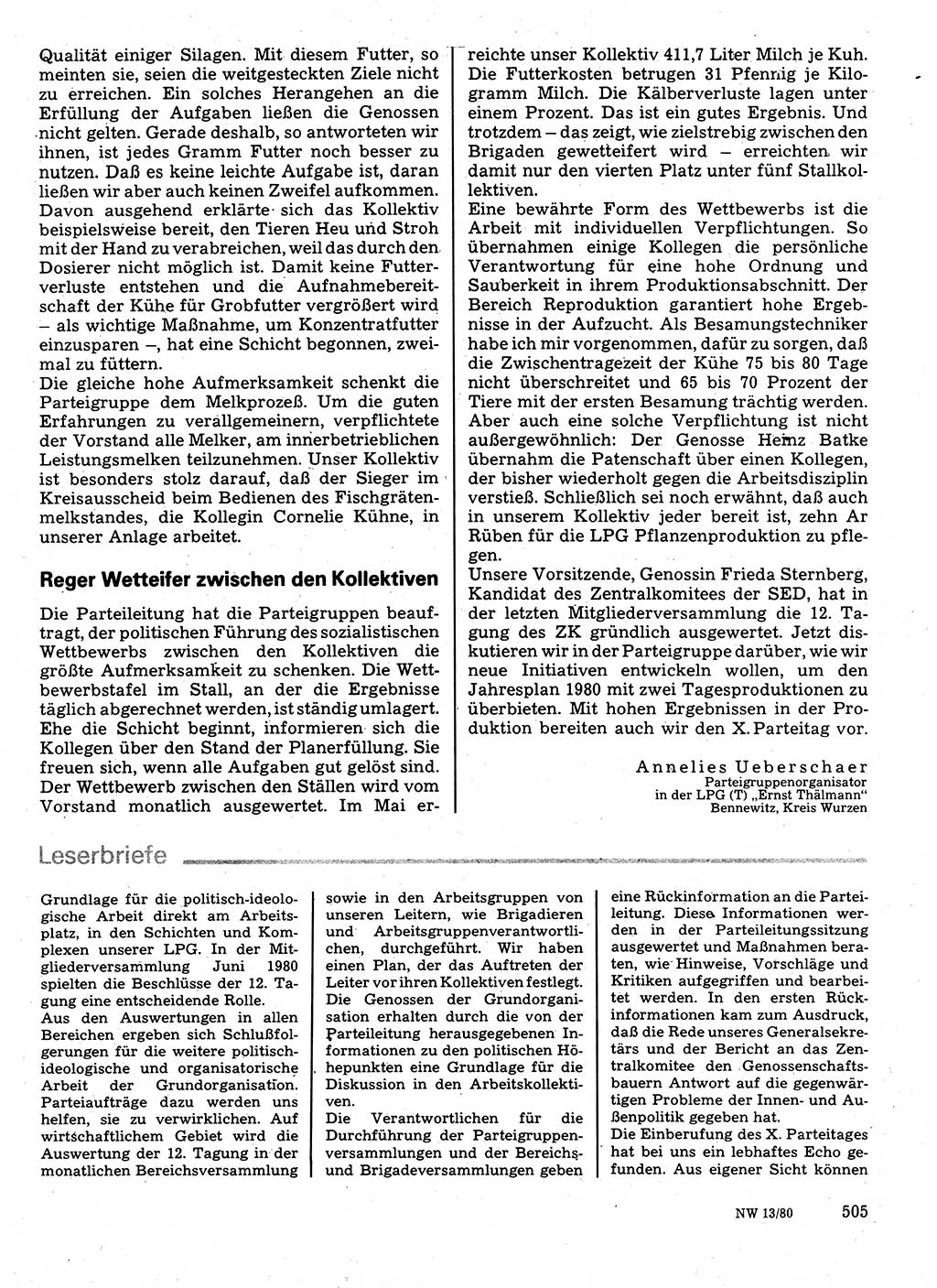 Neuer Weg (NW), Organ des Zentralkomitees (ZK) der SED (Sozialistische Einheitspartei Deutschlands) für Fragen des Parteilebens, 35. Jahrgang [Deutsche Demokratische Republik (DDR)] 1980, Seite 505 (NW ZK SED DDR 1980, S. 505)