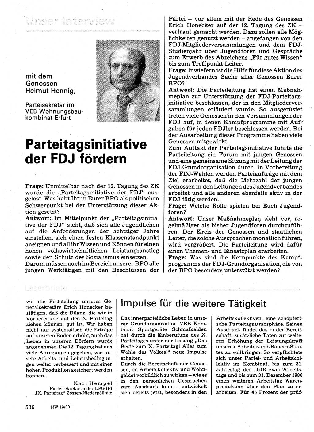 Neuer Weg (NW), Organ des Zentralkomitees (ZK) der SED (Sozialistische Einheitspartei Deutschlands) für Fragen des Parteilebens, 35. Jahrgang [Deutsche Demokratische Republik (DDR)] 1980, Seite 506 (NW ZK SED DDR 1980, S. 506)