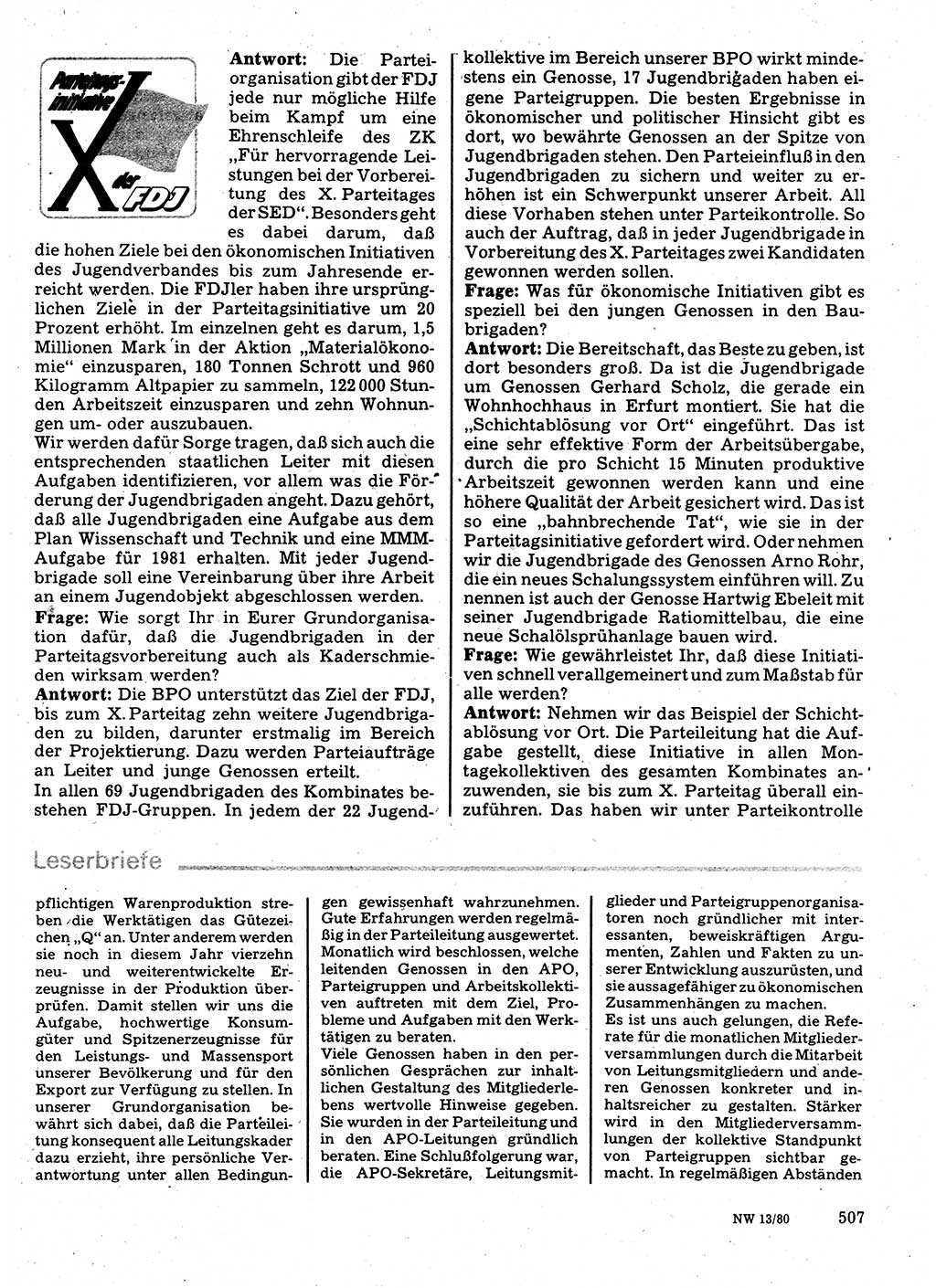 Neuer Weg (NW), Organ des Zentralkomitees (ZK) der SED (Sozialistische Einheitspartei Deutschlands) für Fragen des Parteilebens, 35. Jahrgang [Deutsche Demokratische Republik (DDR)] 1980, Seite 507 (NW ZK SED DDR 1980, S. 507)