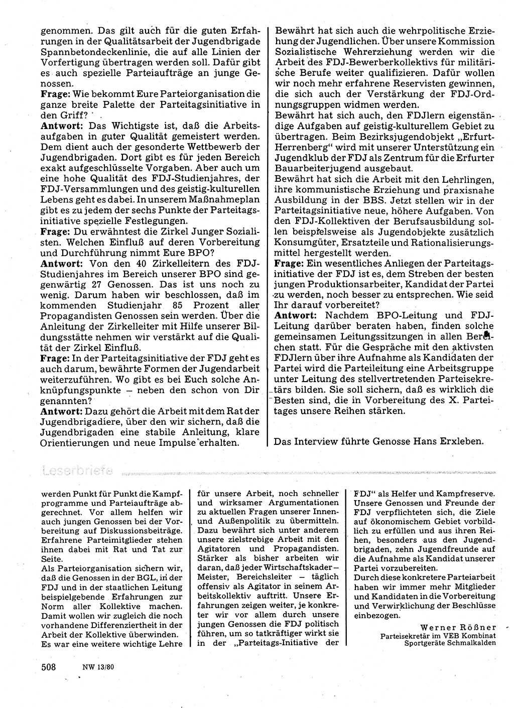 Neuer Weg (NW), Organ des Zentralkomitees (ZK) der SED (Sozialistische Einheitspartei Deutschlands) für Fragen des Parteilebens, 35. Jahrgang [Deutsche Demokratische Republik (DDR)] 1980, Seite 508 (NW ZK SED DDR 1980, S. 508)