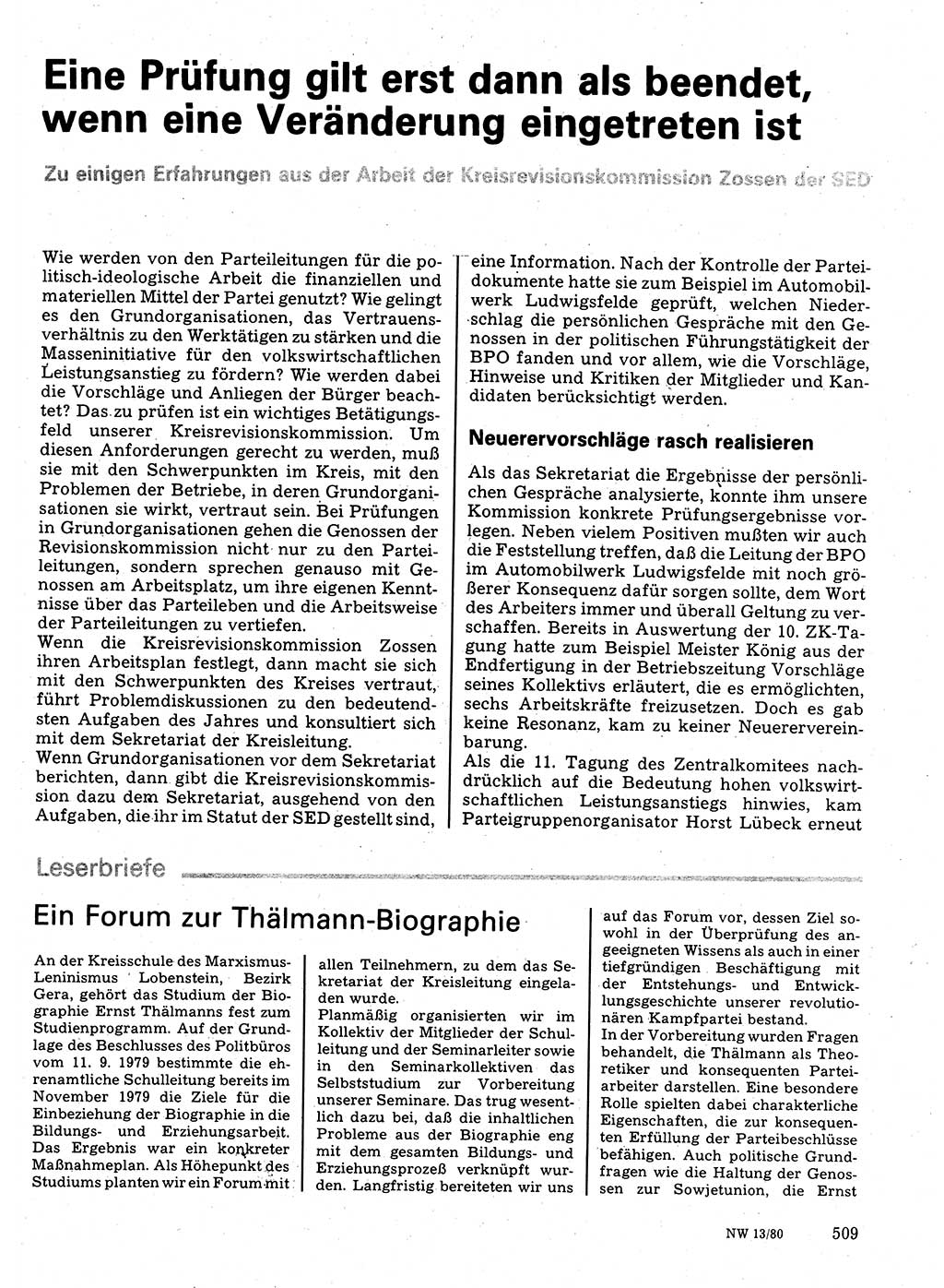 Neuer Weg (NW), Organ des Zentralkomitees (ZK) der SED (Sozialistische Einheitspartei Deutschlands) für Fragen des Parteilebens, 35. Jahrgang [Deutsche Demokratische Republik (DDR)] 1980, Seite 509 (NW ZK SED DDR 1980, S. 509)