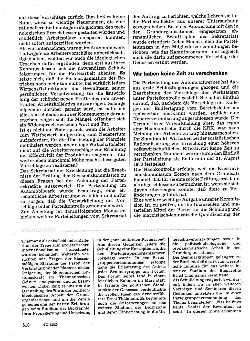 Neuer Weg (NW), Organ des Zentralkomitees (ZK) der SED (Sozialistische Einheitspartei Deutschlands) für Fragen des Parteilebens, 35. Jahrgang [Deutsche Demokratische Republik (DDR)] 1980, Seite 510 (NW ZK SED DDR 1980, S. 510)