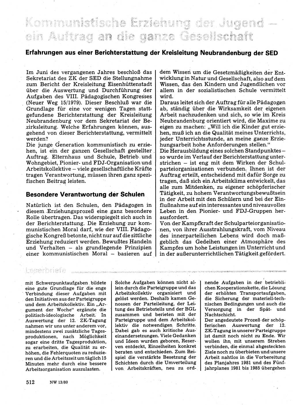 Neuer Weg (NW), Organ des Zentralkomitees (ZK) der SED (Sozialistische Einheitspartei Deutschlands) für Fragen des Parteilebens, 35. Jahrgang [Deutsche Demokratische Republik (DDR)] 1980, Seite 512 (NW ZK SED DDR 1980, S. 512)