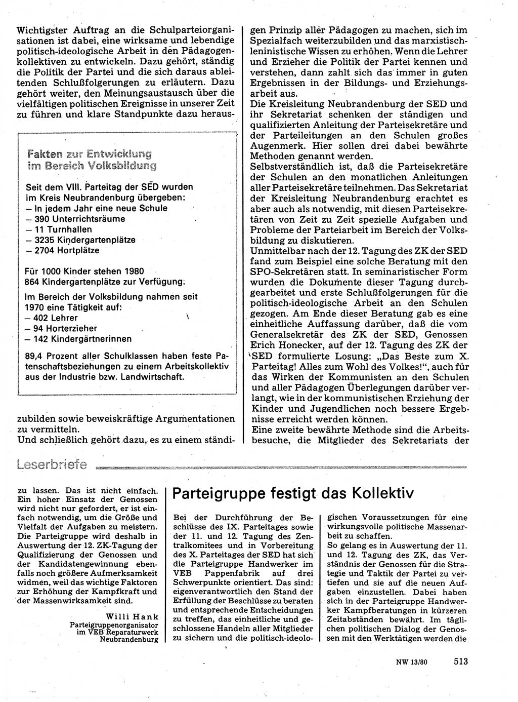 Neuer Weg (NW), Organ des Zentralkomitees (ZK) der SED (Sozialistische Einheitspartei Deutschlands) für Fragen des Parteilebens, 35. Jahrgang [Deutsche Demokratische Republik (DDR)] 1980, Seite 513 (NW ZK SED DDR 1980, S. 513)