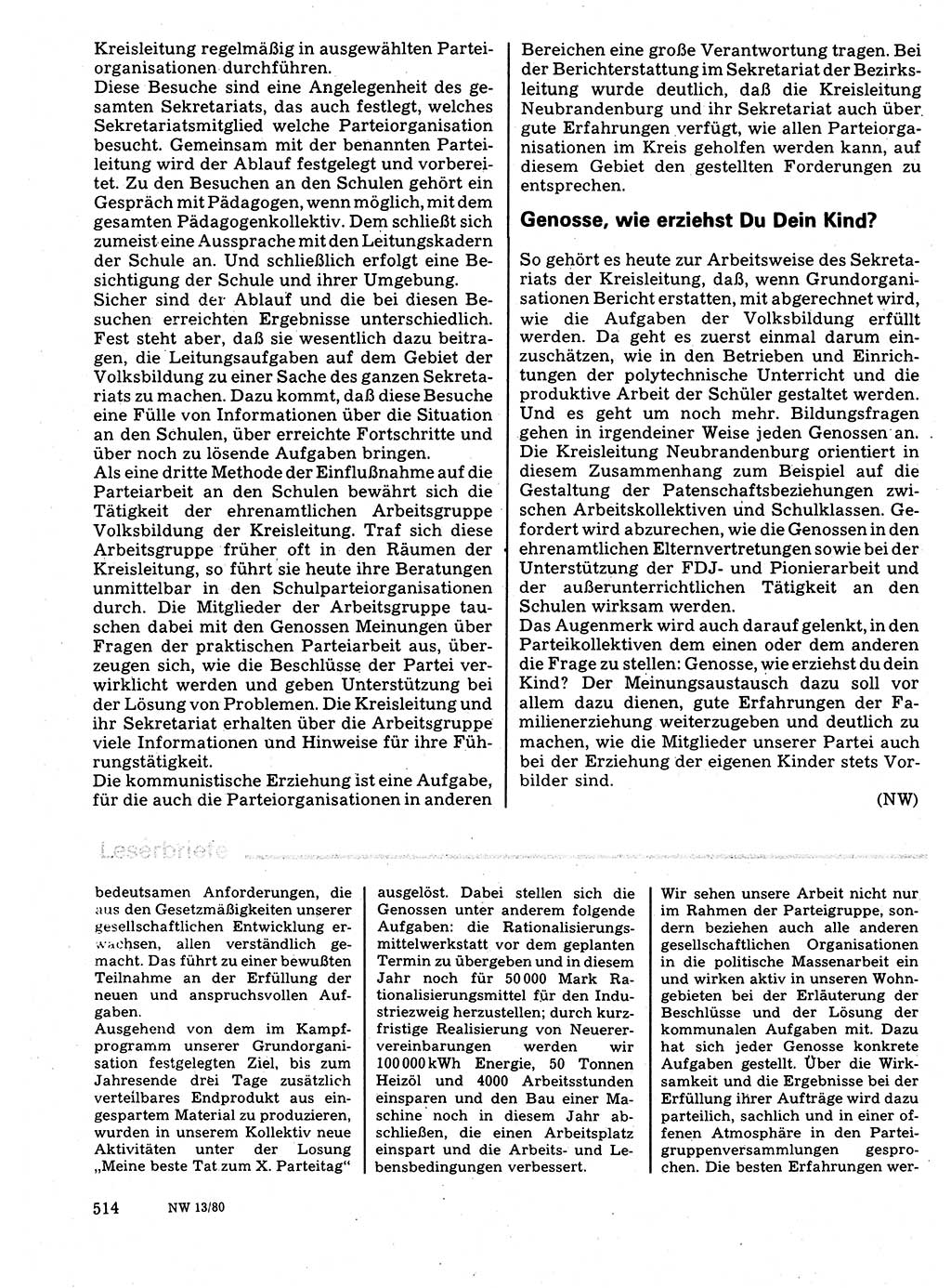 Neuer Weg (NW), Organ des Zentralkomitees (ZK) der SED (Sozialistische Einheitspartei Deutschlands) für Fragen des Parteilebens, 35. Jahrgang [Deutsche Demokratische Republik (DDR)] 1980, Seite 514 (NW ZK SED DDR 1980, S. 514)