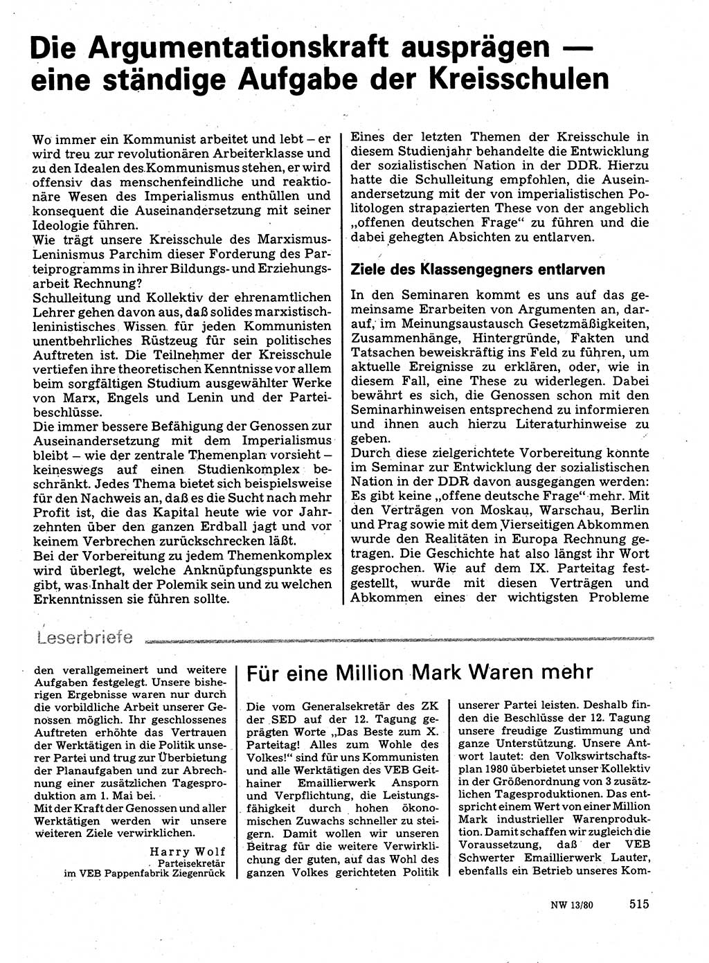 Neuer Weg (NW), Organ des Zentralkomitees (ZK) der SED (Sozialistische Einheitspartei Deutschlands) für Fragen des Parteilebens, 35. Jahrgang [Deutsche Demokratische Republik (DDR)] 1980, Seite 515 (NW ZK SED DDR 1980, S. 515)