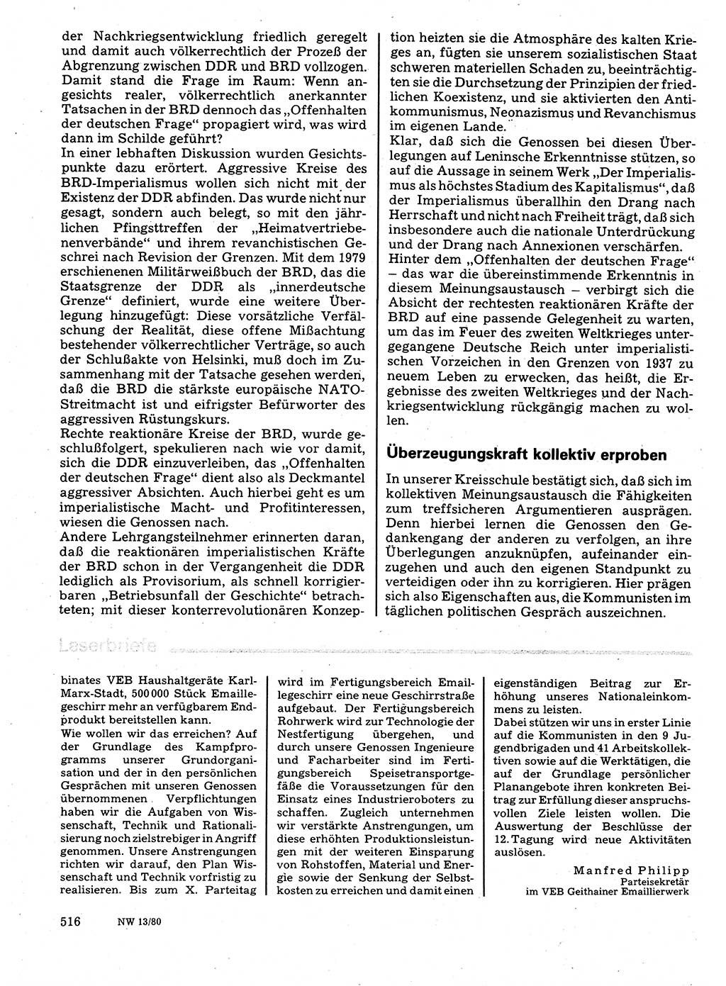 Neuer Weg (NW), Organ des Zentralkomitees (ZK) der SED (Sozialistische Einheitspartei Deutschlands) für Fragen des Parteilebens, 35. Jahrgang [Deutsche Demokratische Republik (DDR)] 1980, Seite 516 (NW ZK SED DDR 1980, S. 516)