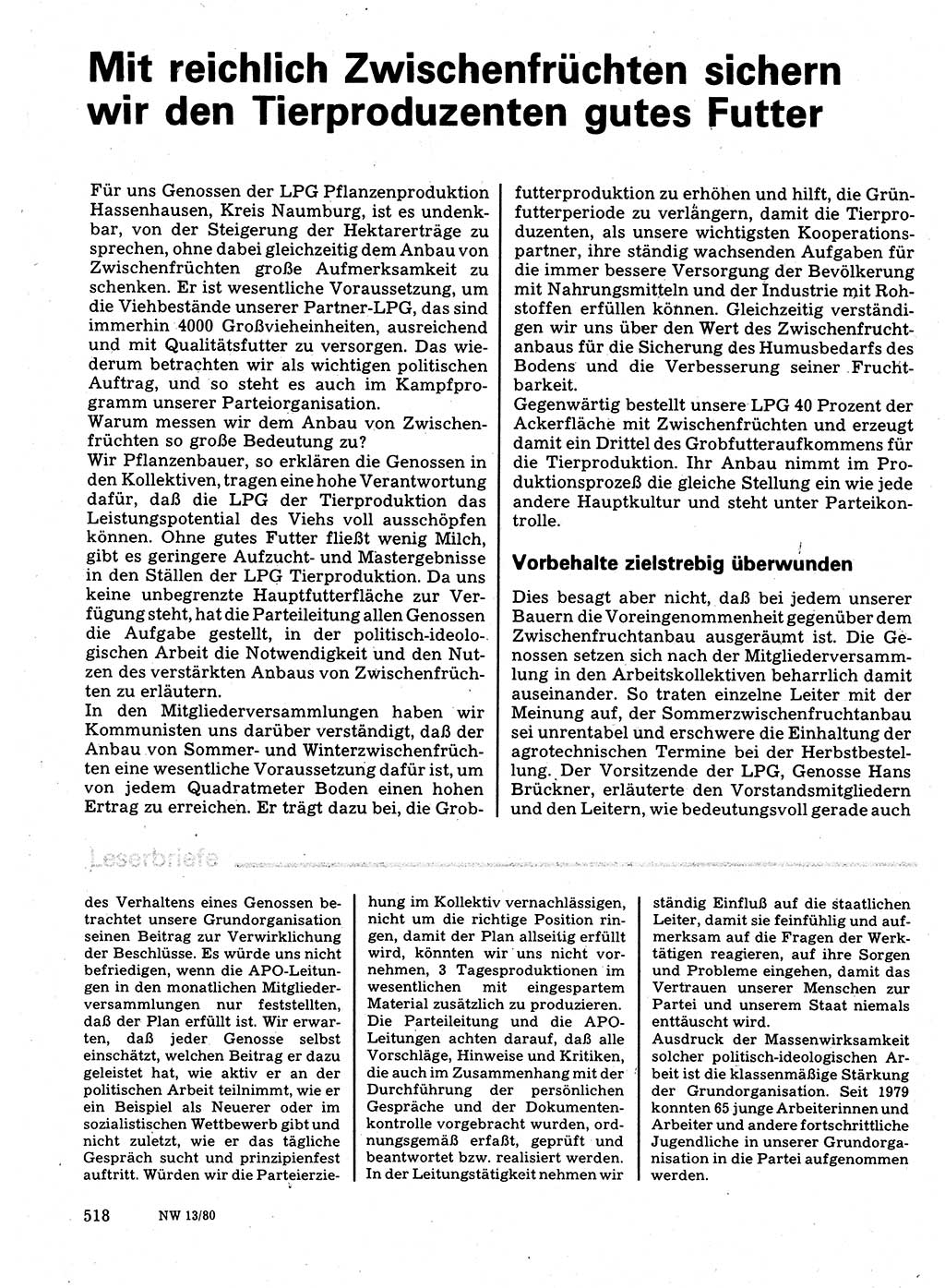 Neuer Weg (NW), Organ des Zentralkomitees (ZK) der SED (Sozialistische Einheitspartei Deutschlands) für Fragen des Parteilebens, 35. Jahrgang [Deutsche Demokratische Republik (DDR)] 1980, Seite 518 (NW ZK SED DDR 1980, S. 518)