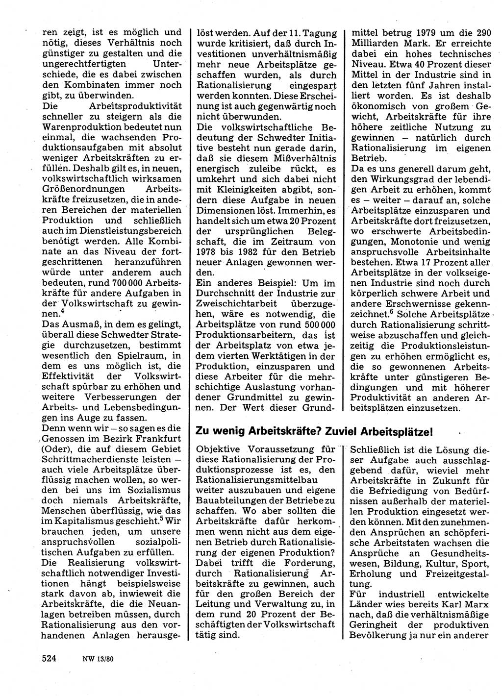 Neuer Weg (NW), Organ des Zentralkomitees (ZK) der SED (Sozialistische Einheitspartei Deutschlands) für Fragen des Parteilebens, 35. Jahrgang [Deutsche Demokratische Republik (DDR)] 1980, Seite 524 (NW ZK SED DDR 1980, S. 524)