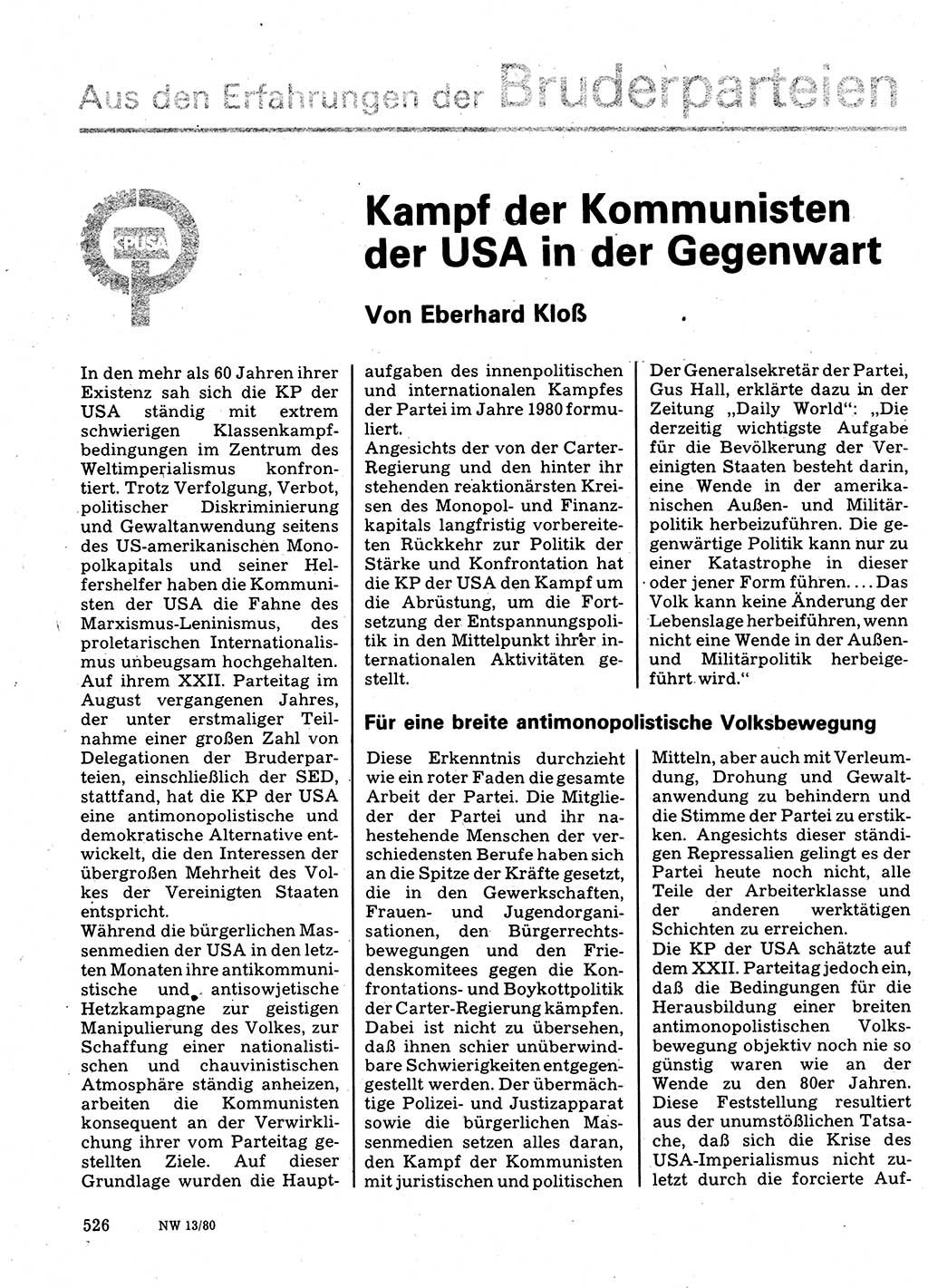 Neuer Weg (NW), Organ des Zentralkomitees (ZK) der SED (Sozialistische Einheitspartei Deutschlands) für Fragen des Parteilebens, 35. Jahrgang [Deutsche Demokratische Republik (DDR)] 1980, Seite 526 (NW ZK SED DDR 1980, S. 526)