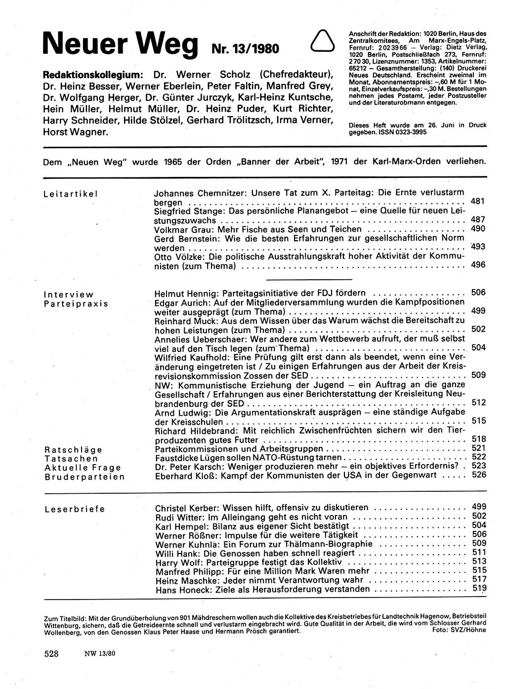 Neuer Weg (NW), Organ des Zentralkomitees (ZK) der SED (Sozialistische Einheitspartei Deutschlands) für Fragen des Parteilebens, 35. Jahrgang [Deutsche Demokratische Republik (DDR)] 1980, Seite 528 (NW ZK SED DDR 1980, S. 528)