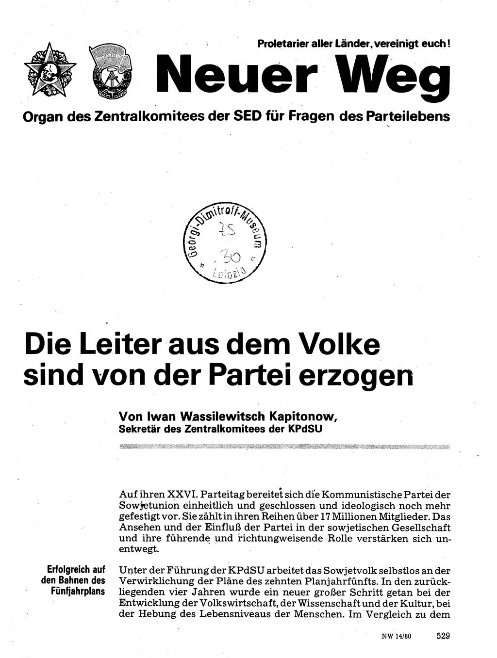 Neuer Weg (NW), Organ des Zentralkomitees (ZK) der SED (Sozialistische Einheitspartei Deutschlands) für Fragen des Parteilebens, 35. Jahrgang [Deutsche Demokratische Republik (DDR)] 1980, Seite 529 (NW ZK SED DDR 1980, S. 529)