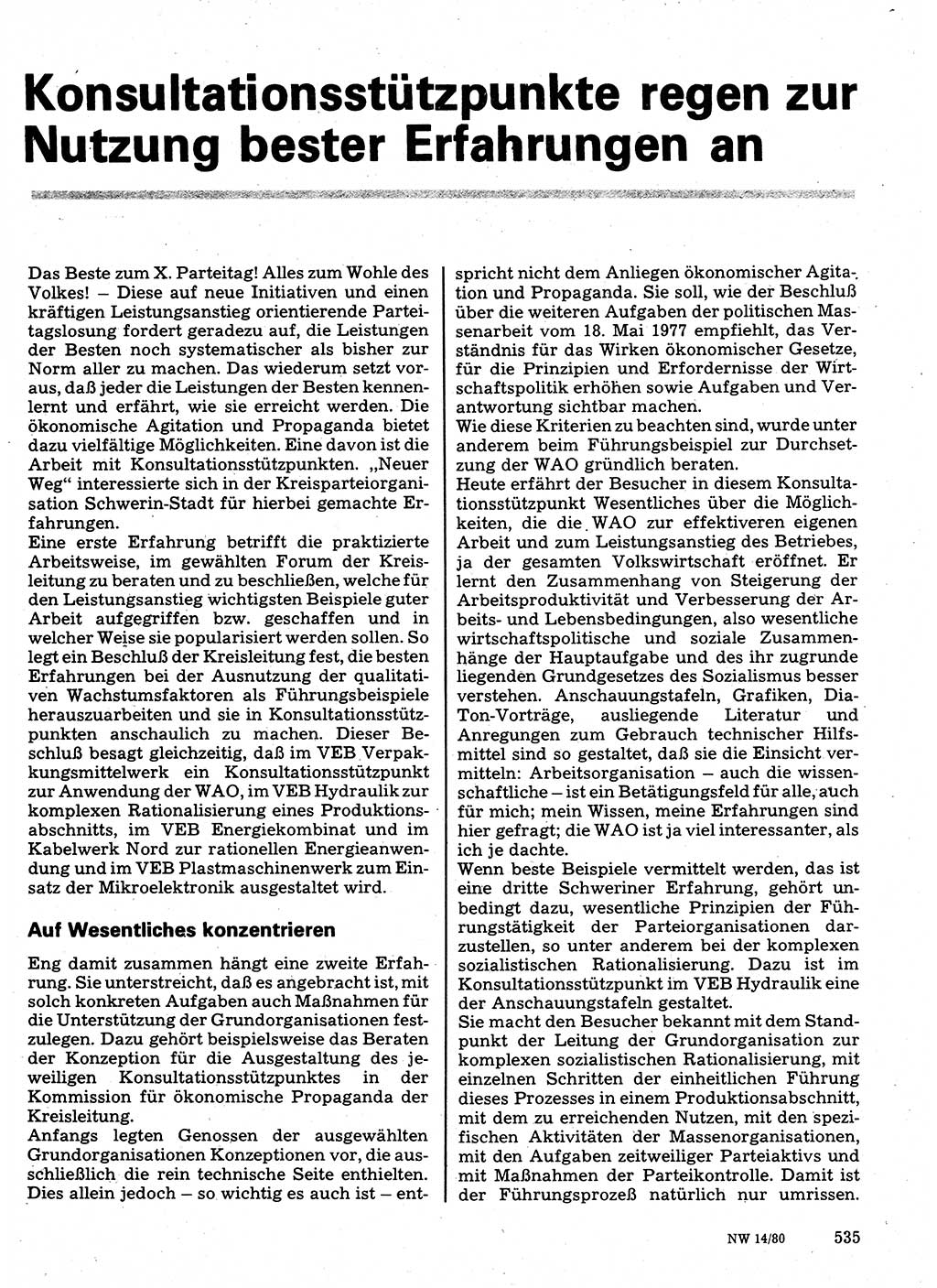 Neuer Weg (NW), Organ des Zentralkomitees (ZK) der SED (Sozialistische Einheitspartei Deutschlands) für Fragen des Parteilebens, 35. Jahrgang [Deutsche Demokratische Republik (DDR)] 1980, Seite 535 (NW ZK SED DDR 1980, S. 535)